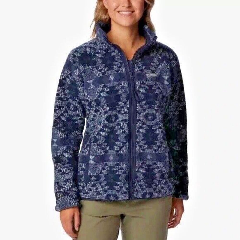Columbia Fleece Jacket Womens S Blue Geometric Cozy Camper Heavyweight Gorpcore